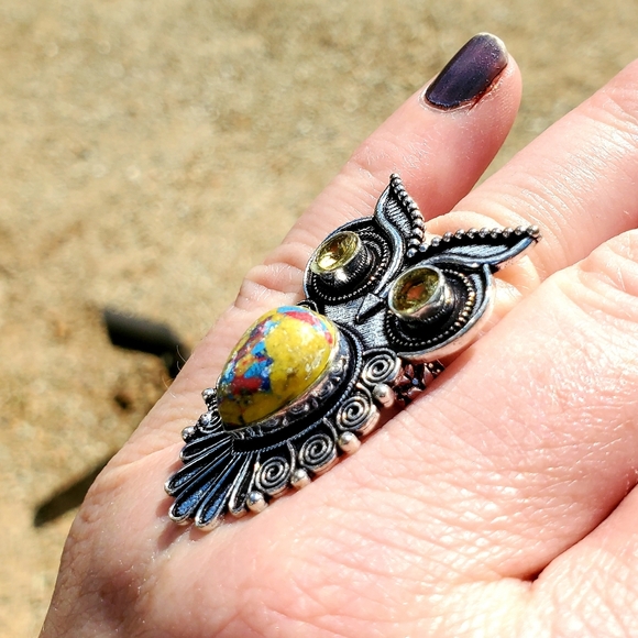 New Mosaic Jasper & Citrine Mystical Owl 925 Silver Ring. - Picture 8 of 12